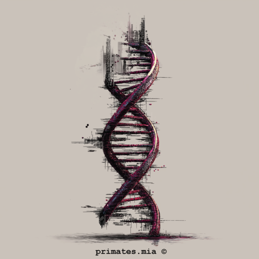DNA, entropia e ordine Catena del DNA stilizzata si estende dal basso verso l'alto, simbolo di come la vita riesce a mantenere bassa l'entropia creando strutture biologiche e sociali sempre più complesse, rappresentate dalle città umane in cima alla catena.