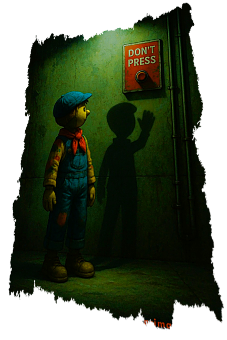 Un burattino in stile Pinocchio guarda un pulsante con il cartello “Don’t press”. La sua ombra proiettata sul muro mostra la mano che si avvicina per premerlo. L’umorismo visivo illustra il dilemma eterno tra obbedienza e curiosità.