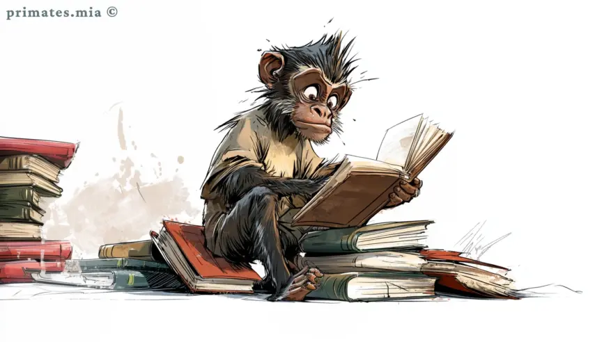 Cebo cappuccino lettore curioso – primates.mia Un giovane cebo cappuccino, stilizzato fumetto, dallo sguardo curioso, seduto tra pile di libri sparsi, tiene aperto un volume e lo osserva con attenzione. Appare impegnato in una ricerca di informazioni, tra la confusione dei libri e il desiderio di conoscenza.
