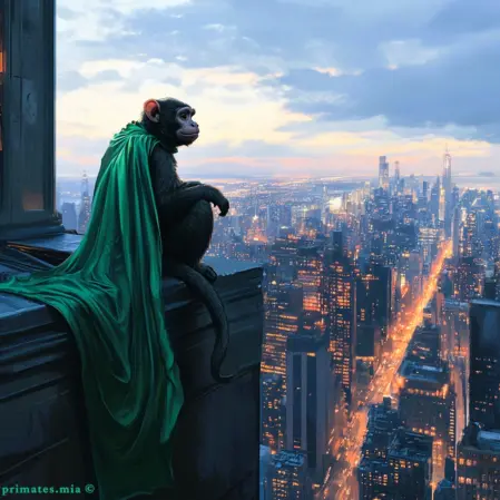 Cebo supereroe osserva la città Scimmia cebo con mantello verde, seduta sul bordo di un grattacielo, osserva la città illuminata al tramonto come un vigilante.<br /><br />