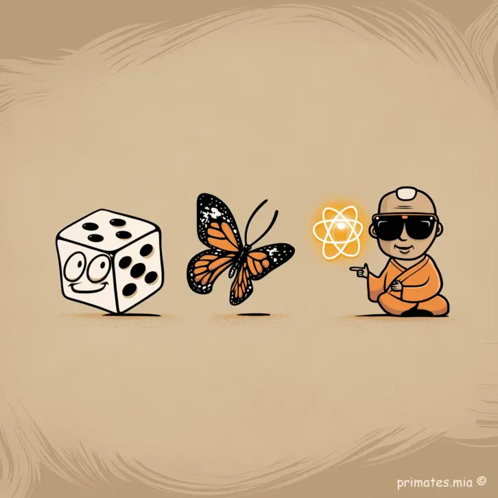 Il dado, la farfalla e il guru quantico Illustrazione satirica con un dado, una farfalla e un guru quantistico che regge un fotone con simbolo atomico, su sfondo beige.