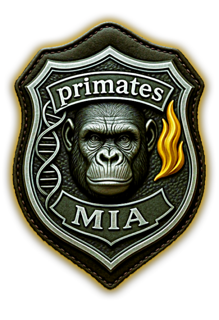 Emblema a forma di scudo con la scritta “primates.mia”, un gorilla al centro, una doppia elica laterale e una fiamma gialla; simbolo rappresentativo del sito.
