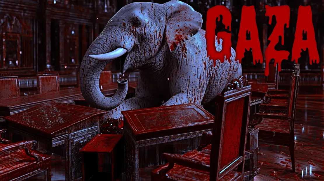 Gaza, l'elefante nella stanza Un elefante insanguinato nella sala del Consiglio federale svizzero: metafora del silenzio politico sul massacro di Gaza.