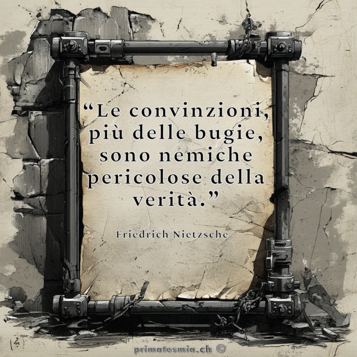 Le convinzioni, più delle bugie, sono nemiche pericolose della verità Immagine con la citazione di Friedrich Nietzsche: "Le convinzioni, più delle bugie, sono nemiche pericolose della verità." L'immagine è decorata con un design industriale, con tubi e catene che incorniciano un foglio di carta strappato, rappresentando visivamente il concetto di restrizione e rigidità mentale.
