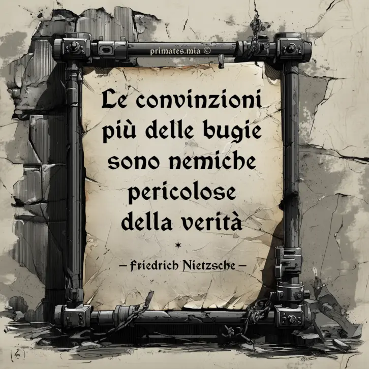Le convinzioni, più delle bugie, sono nemiche pericolose della verità Immagine con la citazione di Friedrich Nietzsche: "Le convinzioni, più delle bugie, sono nemiche pericolose della verità." L'immagine è decorata con un design industriale, con tubi e catene che incorniciano un foglio di carta strappato, rappresentando visivamente il concetto di restrizione e rigidità mentale.
