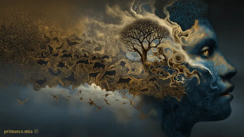 La metamorfosi interiore – primates.mia Dall’ambiente fluido e naturale emergono forme sempre più complesse: stormi di uccelli, un albero spoglio e infine un volto umano stilizzato. Rappresentazione simbolica dell’evoluzione, del comportamento in relazione all’ambiente, della mente e delle emozioni.