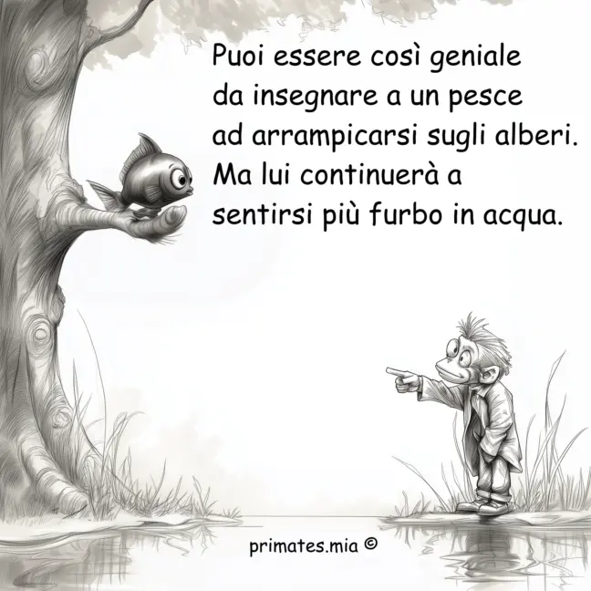 Puoi essere così geniale Frase illustrata: "Puoi essere così geniale da insegnare a un pesce ad arrampicarsi sugli alberi. Ma lui continuerà a sentirsi più furbo in acqua" — primates.mia — Immagine di un pesce su un albero ed il professore sotto lo indica con soddisfazione.