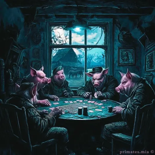scenario finale del libro - Fattoria degli animali Maiali antropomorfizzati, seduti attorno ad un tavolo giocano a poker, l'atmosfera è tetra e minacciosa. Come descritto nel libro di George Orwell