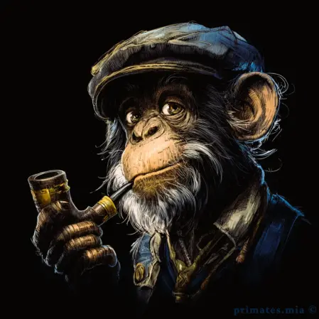Scimmia riflessiva con pipa – primates.mia Scimmia vestita come un professore pensatore ottocentesco, fuma la pipa con sguardo saggio e ironico, valuta con calma se accendere il fornello o il dibattito.