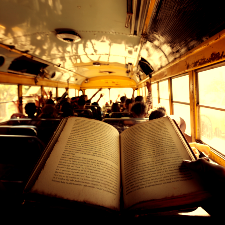 scuolabus vista in soggettiva di una persona con un libro aperto in mano. Sta tentando di leggere all'interno di uno scuolabus pieno di bambini rumorosi.