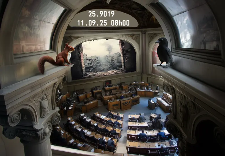 Silenzio negato in Parlamento Interno del Parlamento svizzero con i banchi dei deputati; in primo piano uno scoiattolo e un corvo sopra le arcate. Sullo sfondo, proiezione di macerie di guerra.