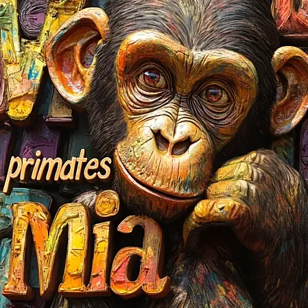 Primo piano di uno scimpanzé dallo sguardo simpatico, accanto alla scritta colorata “primates MIA”.