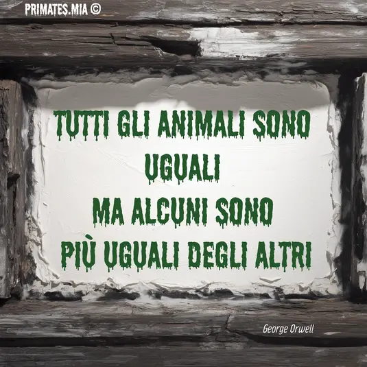 Tutti gli animali sono uguali – Orwell | primates.mia Citazione di George Orwell su sfondo ruvido in legno e calce: "Tutti gli animali sono uguali, ma alcuni sono più uguali degli altri". Firmato primates.mia.