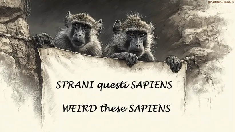 Strani questi Sapiens Due scimmie osservano serie il mondo umano, reggendo uno striscione con la scritta: “STRANI questi SAPIENS – WEIRD these SAPIENS”.