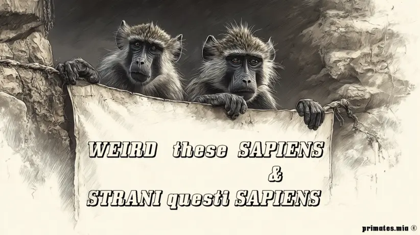 Strani questi Sapiens Due scimmie osservano serie il mondo umano, reggendo uno striscione con la scritta: “WEIRD these SAPIENS — STRANI questi SAPIENS”.